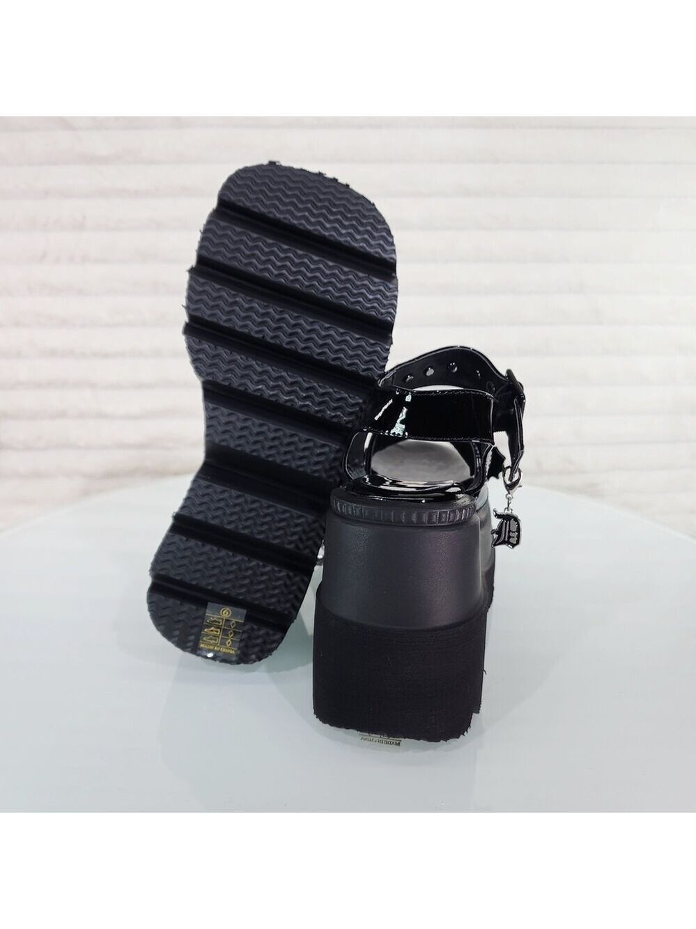 NIB Shaker 13 Black Out Patent 4.5" Wedge Heel Gothic Sandals Studs Charms - Picture 2 of 9